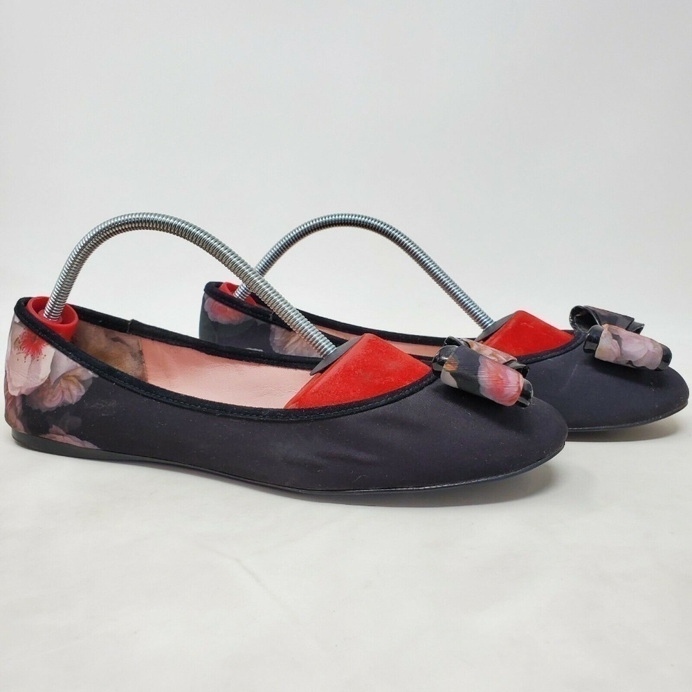 Ted Baker Immep Floral Ballet Flats Bow Black Multicolor Womens Size 7